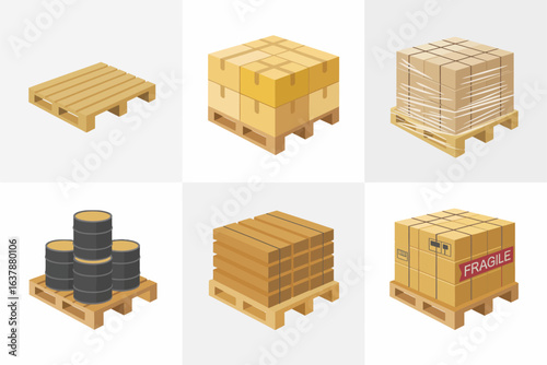 Wooden pallet and crate icon set, storage box vector, industrial container illustration, warehouse equipment collection, shipping design