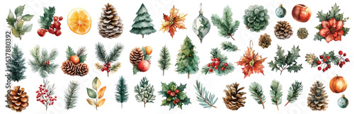 Set of Christmas tree decorations including pine cones, oranges, and brunch. The image conveys a festive and joyful mood