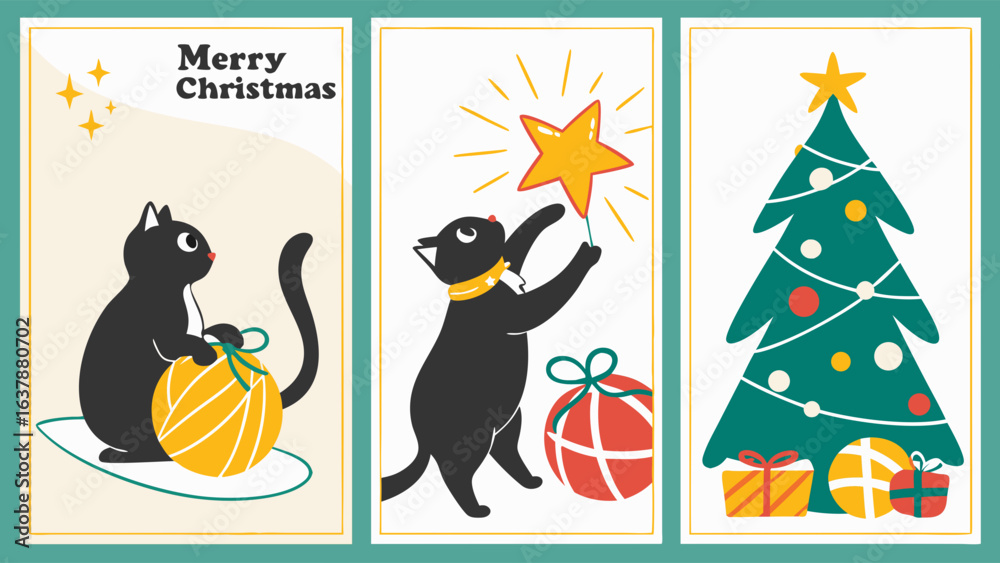 Fototapeta premium Christmas Holiday Cards Featuring a Cat Star and Tree.