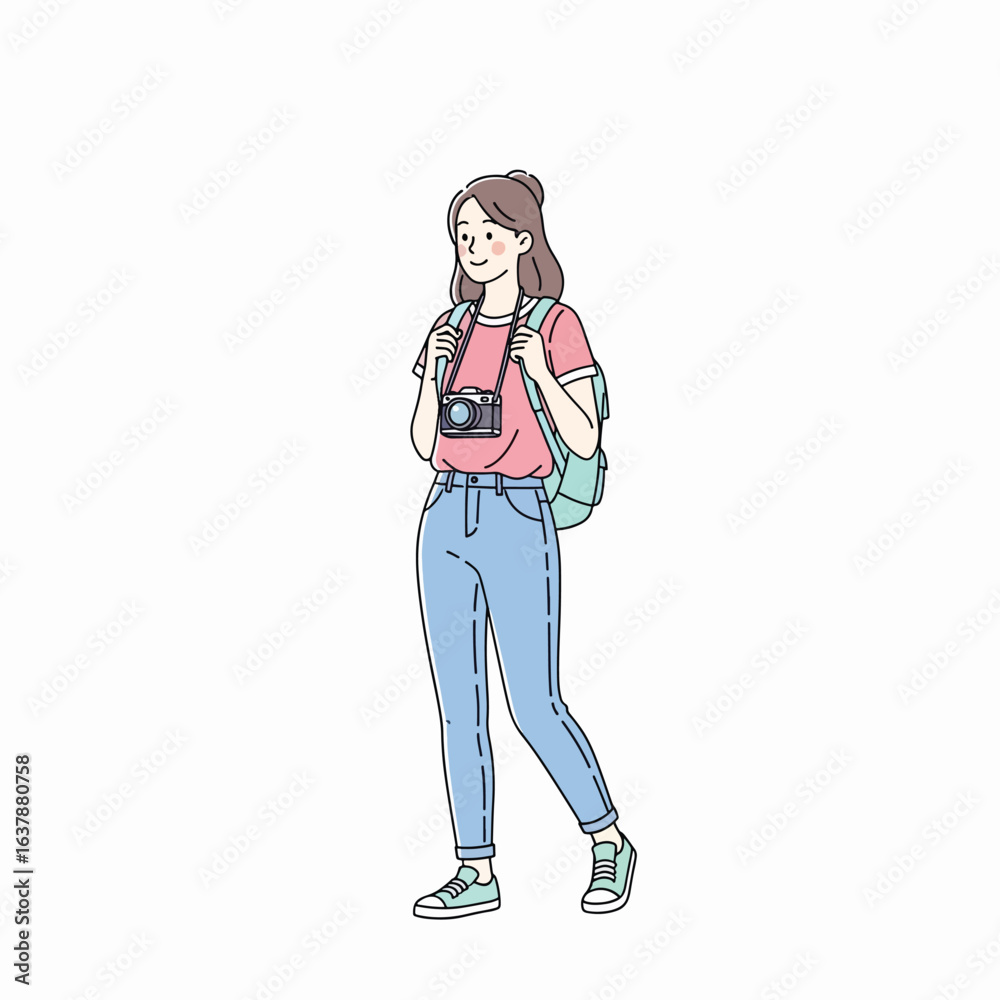 Happy female traveler illustration with camera and backpack wearing casual jeans and t-shirt. Happy female traveler illustration with camera and backpack wearing casual jeans and t-shirt.