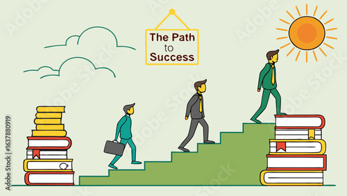 Businessmen climbing stairs towards success with books and sun illustration.