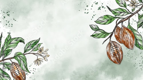 Animated background with watercolor cocoa pods and leaves, ideal for cafe videos, chocolate ads, coffeehouse menus, packaging motion design, or tropical botanical animations.