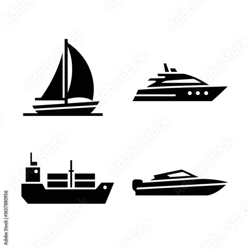 Set of different types of boats and ships icons isolated on white background, including sailboat, yacht, cargo ship, and speedboat