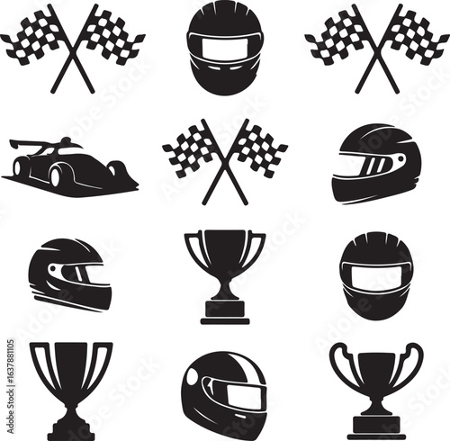 Racing car helmets trophies and checkered flags race car