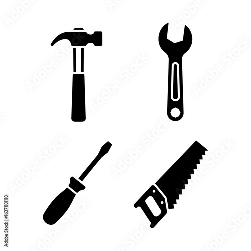 Construction and repair tools icons isolated on white background featuring hammer, wrench, screwdriver, and saw