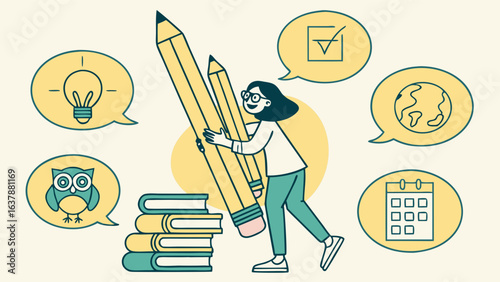 Cartoon Illustration of a Student Holding Pencils with Thought Bubbles.