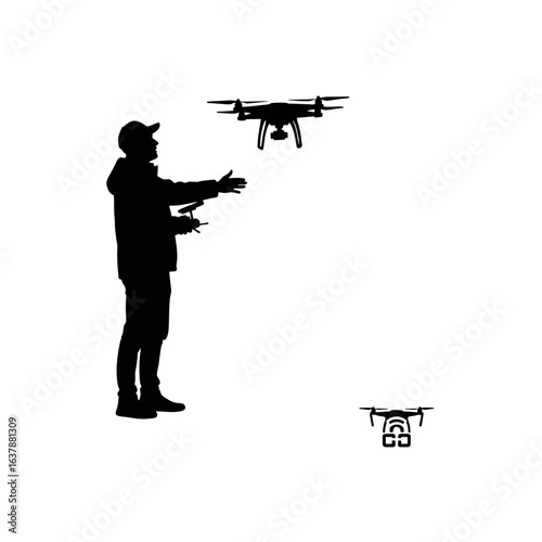 Drone Pilot Logo, Silhouette of Drone Pilot Standing in Open Space With Drone Hovering