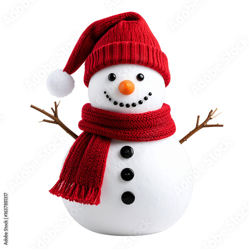 Cozy Snowman Isolated On White Background: A charming snowman adorned with a vibrant red knitted hat and scarf, showcasing the spirit of winter in a festive and joyful scene.