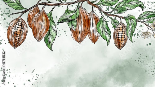 Animated background with watercolor cocoa pods and leaves, ideal for cafe videos, chocolate ads, coffeehouse menus, packaging motion design, or tropical botanical animations.