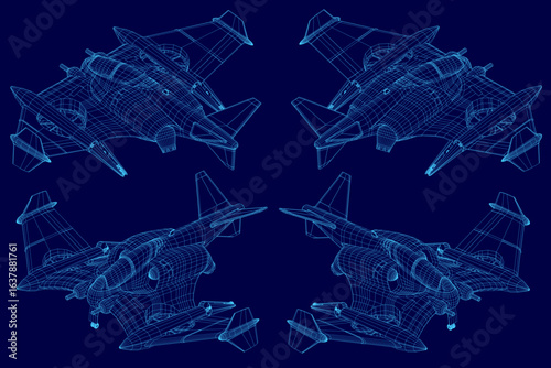Four fighter jets in detailed wireframe blueprint design, symmetrically arranged on a deep blue background. Each jet features unique combat-ready aerodynamics with crisp white outlines.