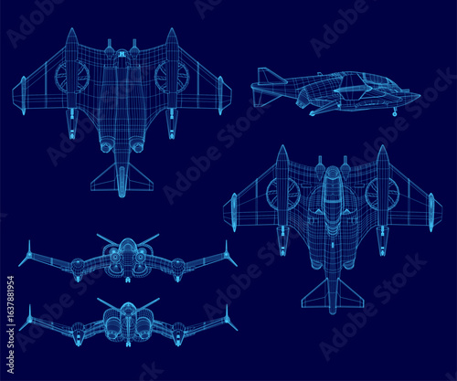 Obraz na plátně Detailed blueprint of a fighter jet with wireframe design on a blue background