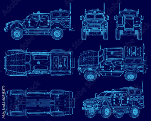 Armored military truck blueprint on blue background displays detailed wireframe design with structural components. Police vehicle features reinforced chassis, tactical layout.