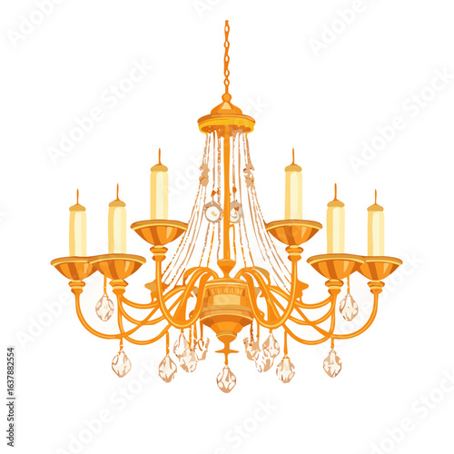 Elegant gold chandelier with crystal accents hangs against a dark background. Vector illustration of a light fixture.