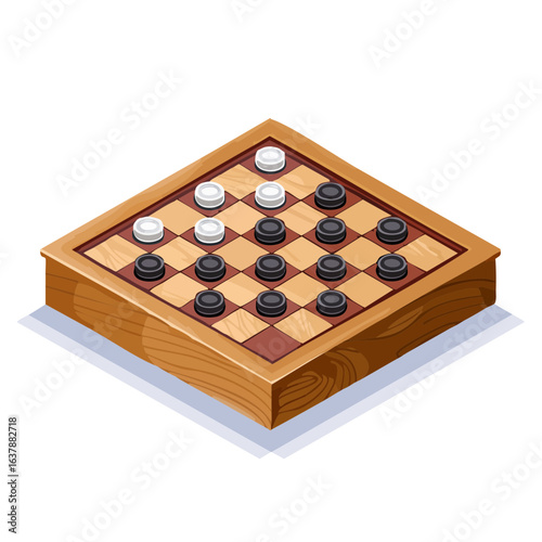 Isometric Draughts Board Illustration with Black and White Pieces Ready for a Game