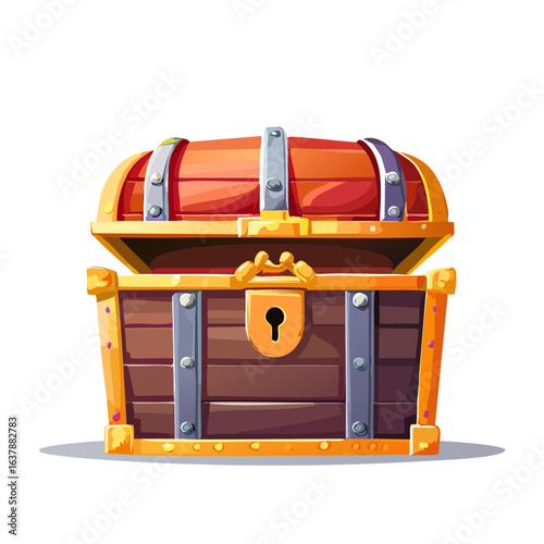 Open Antique Wooden Treasure Chest with Gold Accents Cartoon Illustration