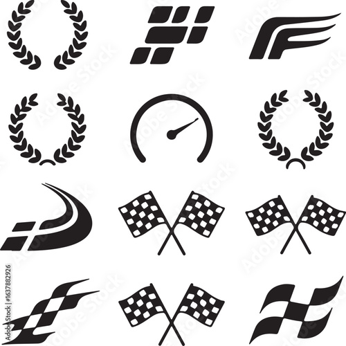 Racing icons featuring laurel wreaths, speedometers, and checkered flags