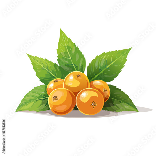 Stylized illustration of vibrant orange fruits with green leaves on black background
