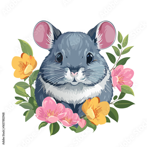 Cute chinchilla illustration portrait with floral arrangement on black background