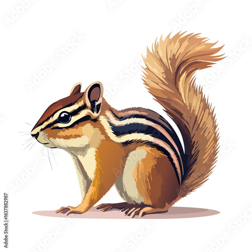 Cute chipmunk illustration standing sideways with brown and black stripes isolated on black background. Vector art.