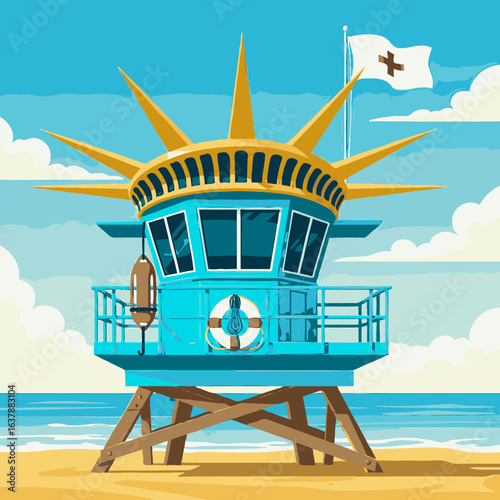 Creative concept of a lifeguard tower with a liberty crown on a sunny summer beach