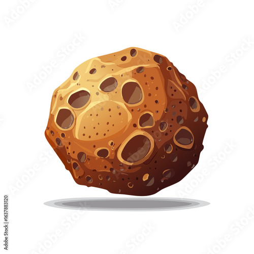 Cartoon asteroid illustration with craters, space rock flying in outer space.