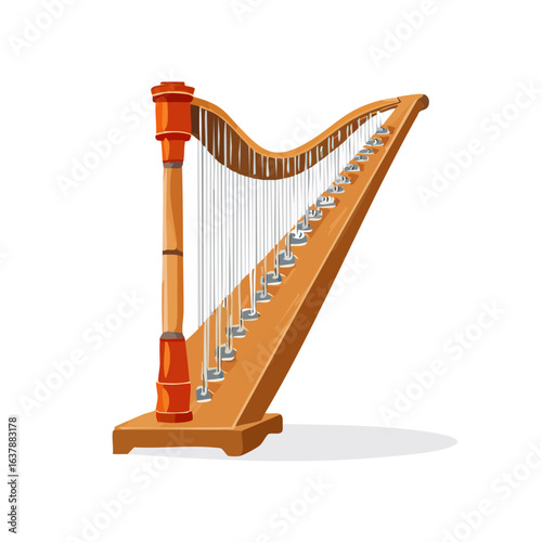 Illustration of a wooden harp with strings and levers for music or orchestral performance