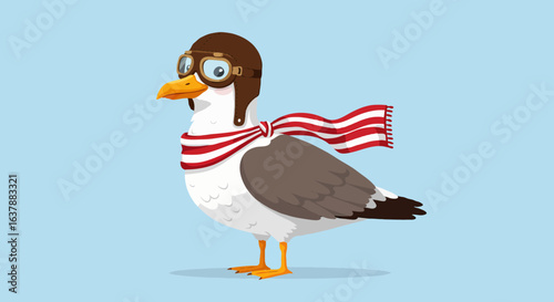 Cartoon seagull character wearing a vintage aviator helmet and striped scarf. Funny pilot bird illustration for adventure concepts