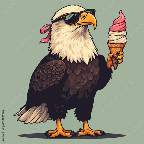 Funny cartoon illustration of a cool bald eagle with sunglasses enjoying an ice cream cone