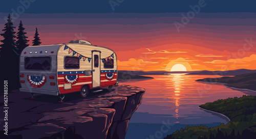 Pixel art scene of a vintage patriotic camper celebrating on a cliffside during a vibrant sunset over a lake