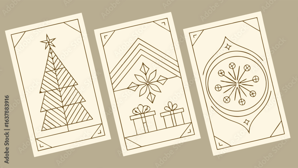Fototapeta premium Festive Christmas Card Designs Featuring Tree Snowflake and Ornament Illustrations.