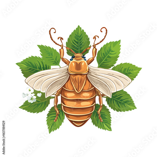 Illustration of tan beetle with wings and antennae surrounded by green leaves isolated on black background