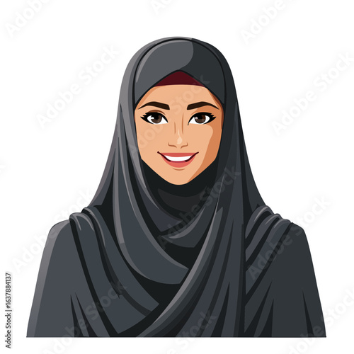 Smiling woman portrait in hijab head covering muslim culture islamic faith. Beautiful cheerful person with traditional religious veil on head.