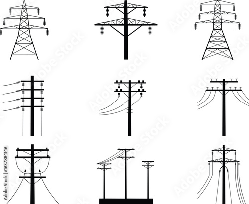 Electrical power transmission towers, utility poles, vector illustration, energy infrastructure, engineering design, high voltage, power supply