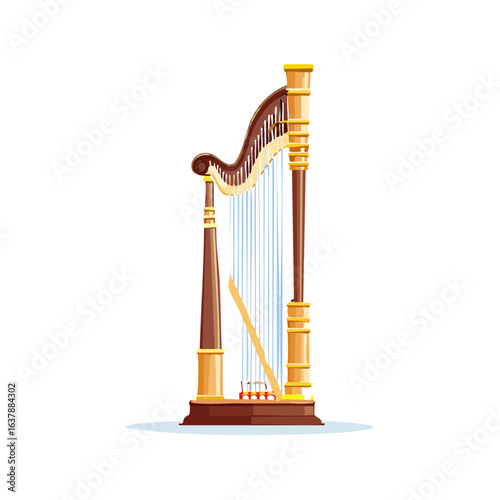 Elegant ornate harp with strings, musical instrument artwork in brown and gold, isolated illustration against black backdrop.