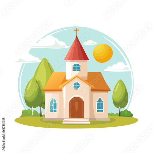 Cartoon church building with cross on spire, trees, clouds, and sun in a colorful landscape illustration style, outdoor setting.