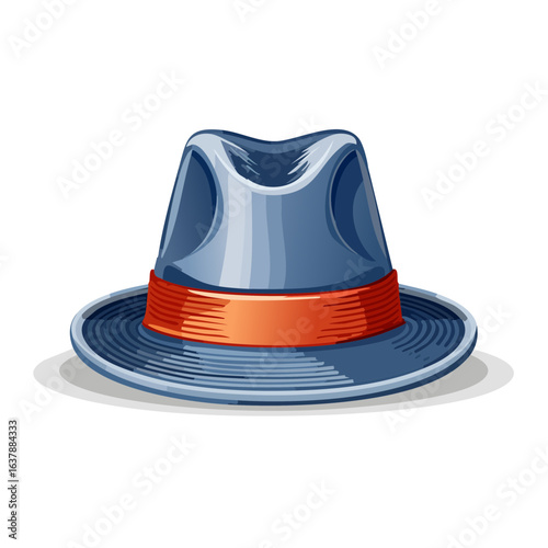 Stylish blue fedora hat with an orange band isolated on a black background, cartoon style