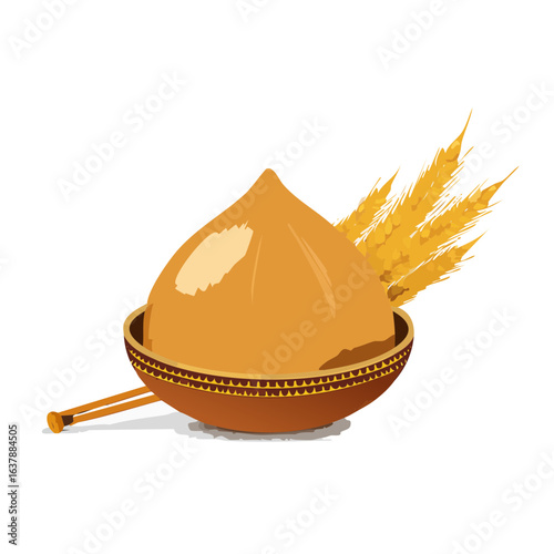 Traditional food in ethnic bowl with wheat stalks on a black background