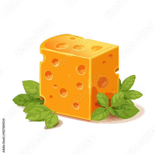 Cartoon Swiss cheese block with holes and basil leaves on a plate illustration