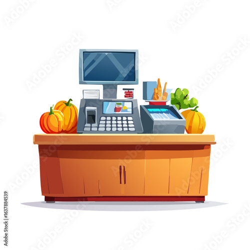 Illustration of a grocery store checkout counter with produce and vegetables