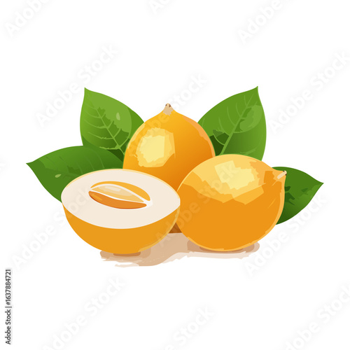 Loquat fruits with leaves arrangement isolated on black background, one cut in half showing seed.