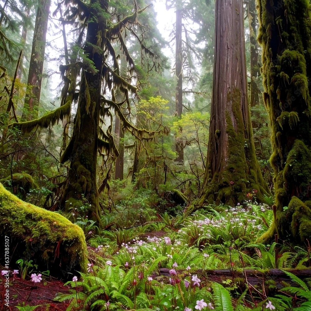 Fototapeta premium Lush temperate rainforest with moss-covered trees and wildflowers carpeting the forest floor