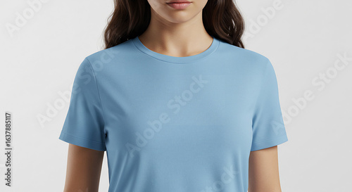 Serene Blue Hue Closeup of a Womans Classic Crew Neck Tee.