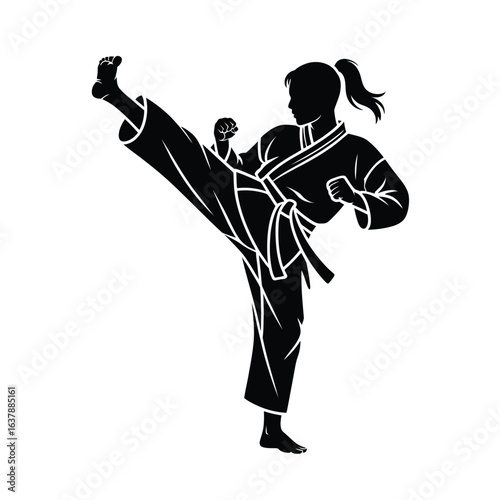 Silhouette of a young woman performing a high side kick in martial arts