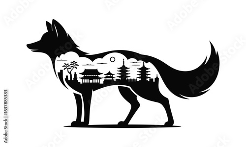 Black silhouette of a fox filled with Japanese cityscape and temples pagodas