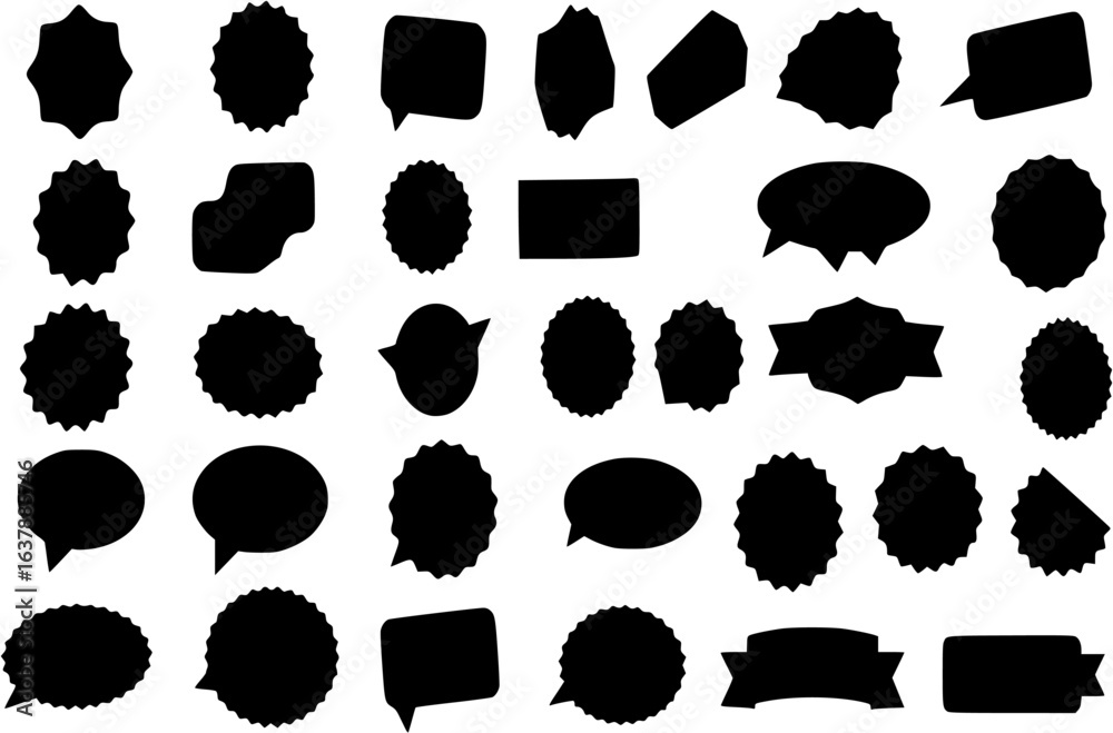 Black silhouette and isolated random shapes empty sticker labels icons set on white background
