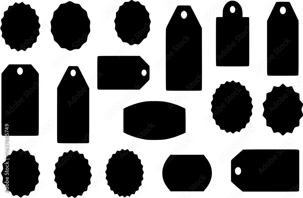 Black silhouette and isolated random shapes empty sticker labels icons set on white background
