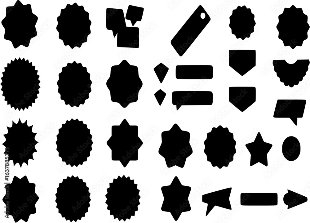 Black silhouette and isolated random shapes empty sticker labels icons set on white background

