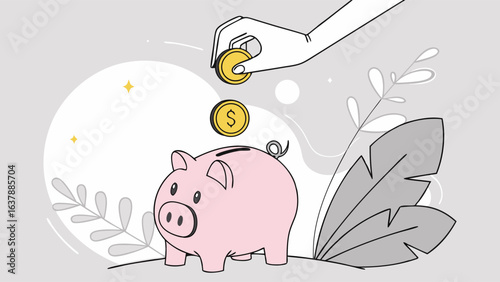 Hand Depositing Coins into a Piggy Bank for Savings.