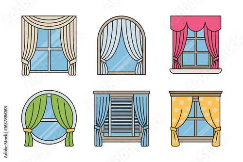 Modern curtain and window icon set, home decor vector, window treatment illustration, interior design collection, stylish curtain design
