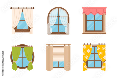 Window curtain icon set, home decor vector, window treatment illustration, interior design collection, stylish curtain design